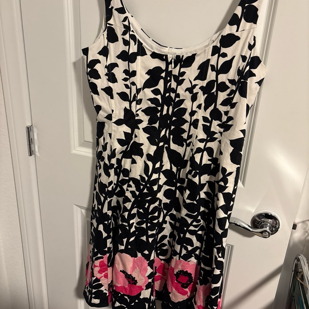 Nine West Sleeveless Corset Dress Black/white/pink Floral Border Fit Flare 12 - Picture 4 of 5